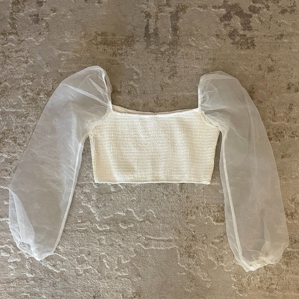 Organza Puff Long Sleeve Top with Square Neckline
